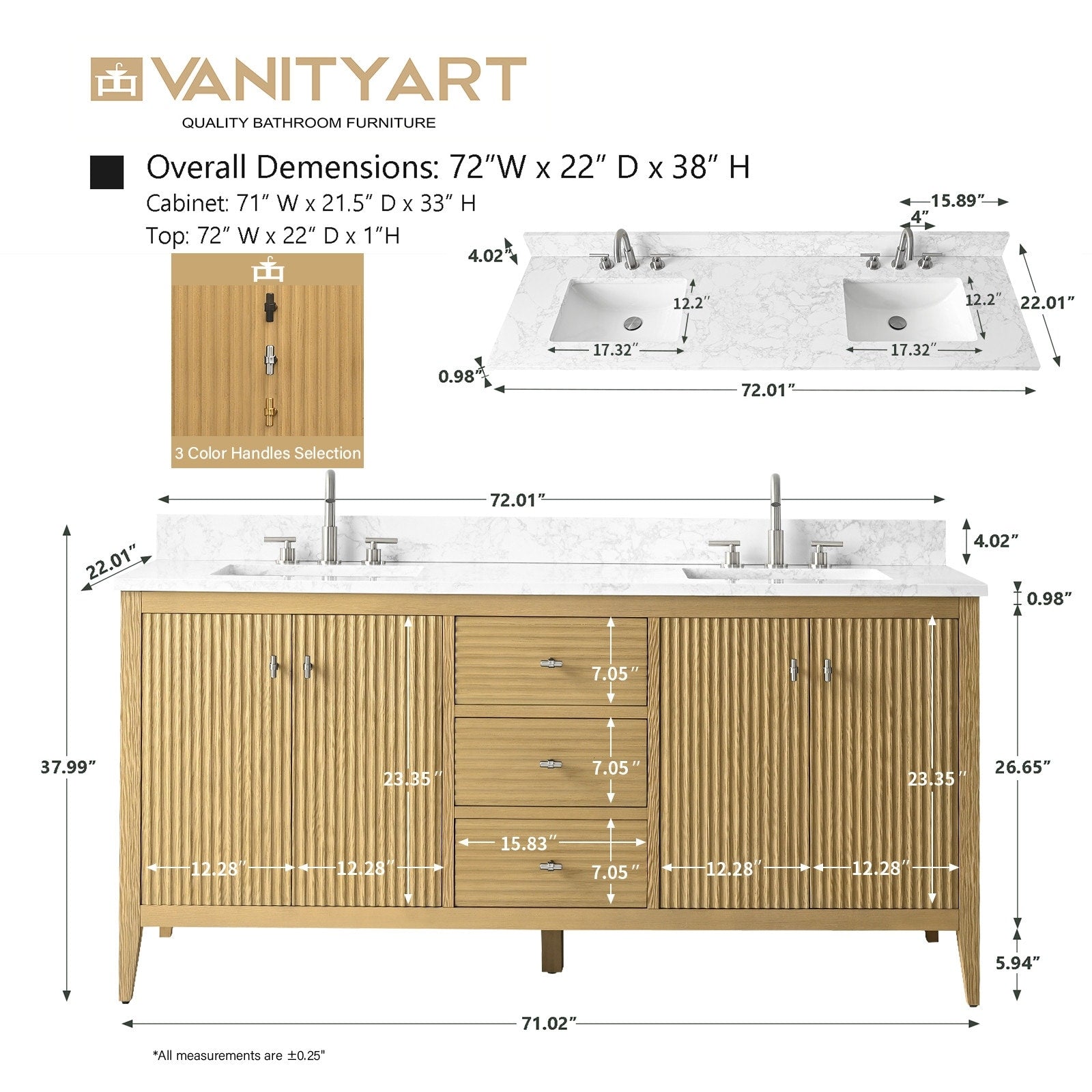 Meuble-lavabo double vasque Vanity Art 72 avec plateau en marbre reconstitué