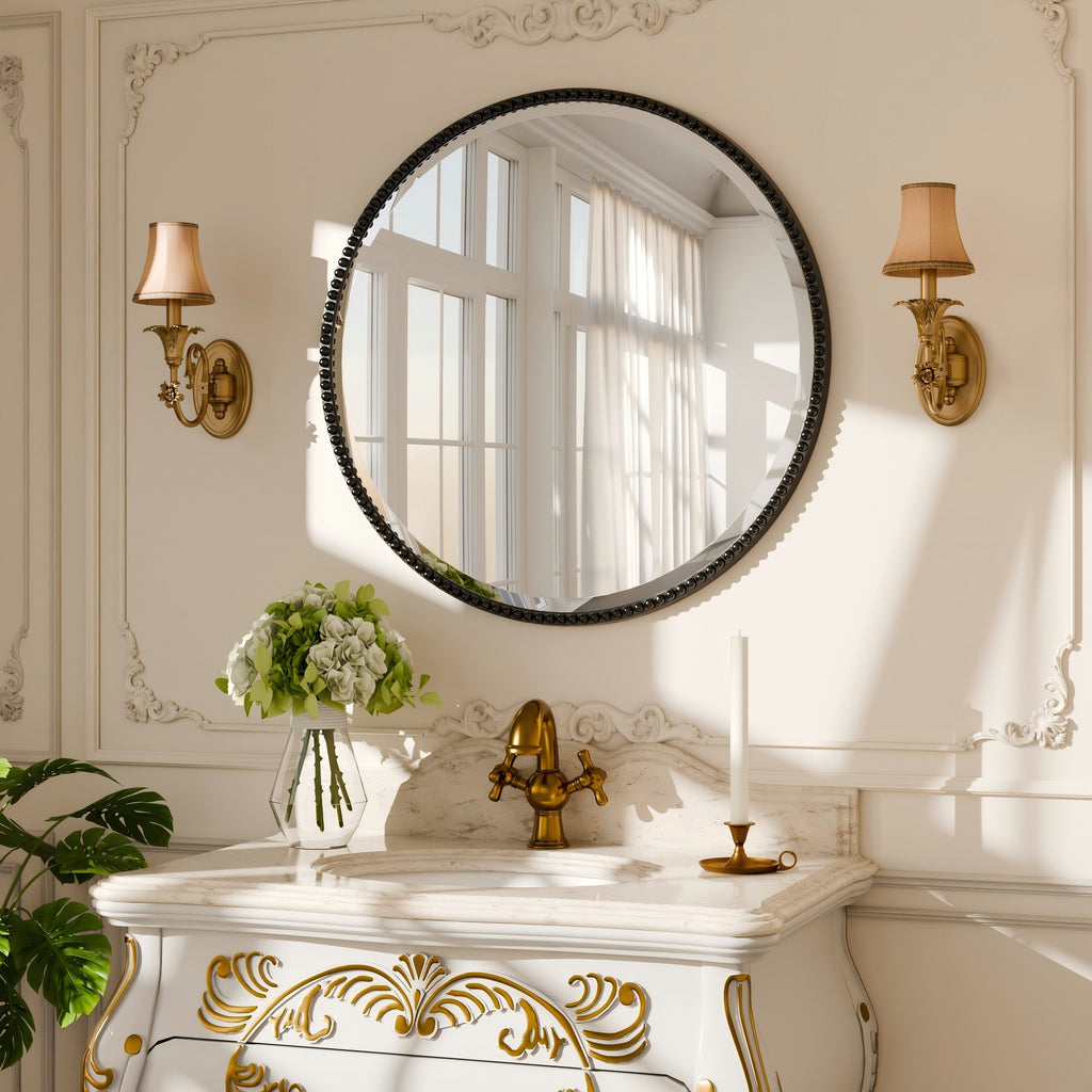 Vintage Round Bathroom Mirror with Beaded Frame