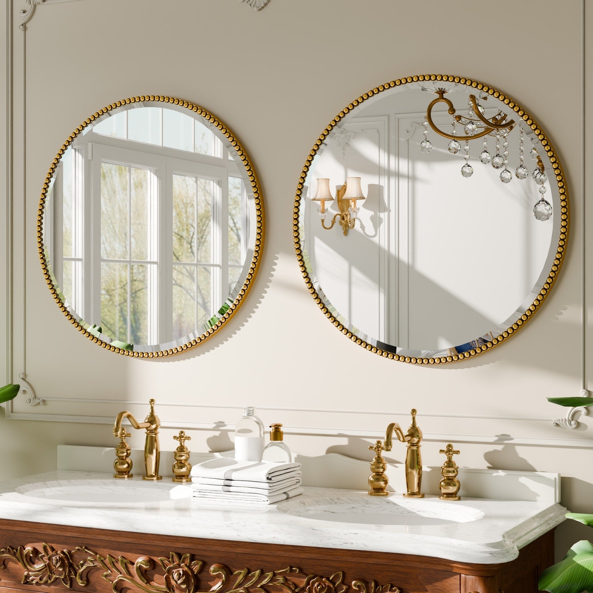 Vintage Round Bathroom Mirror with Beaded Frame
