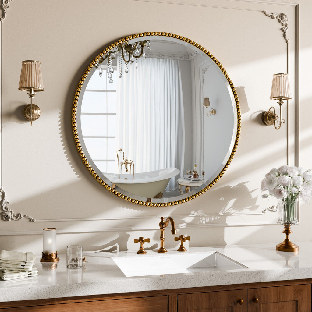 Vintage Round Bathroom Mirror with Beaded Frame