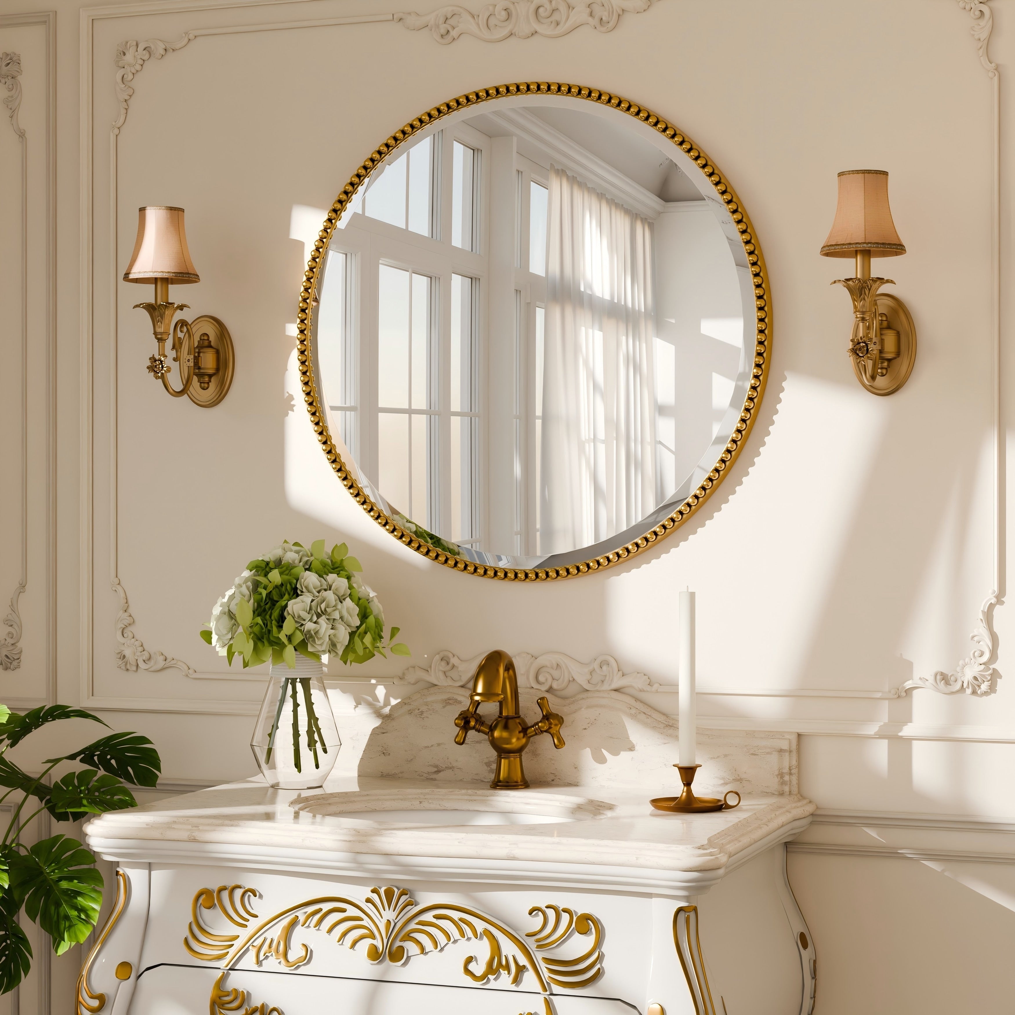 Vintage Round Bathroom Mirror with Beaded Frame