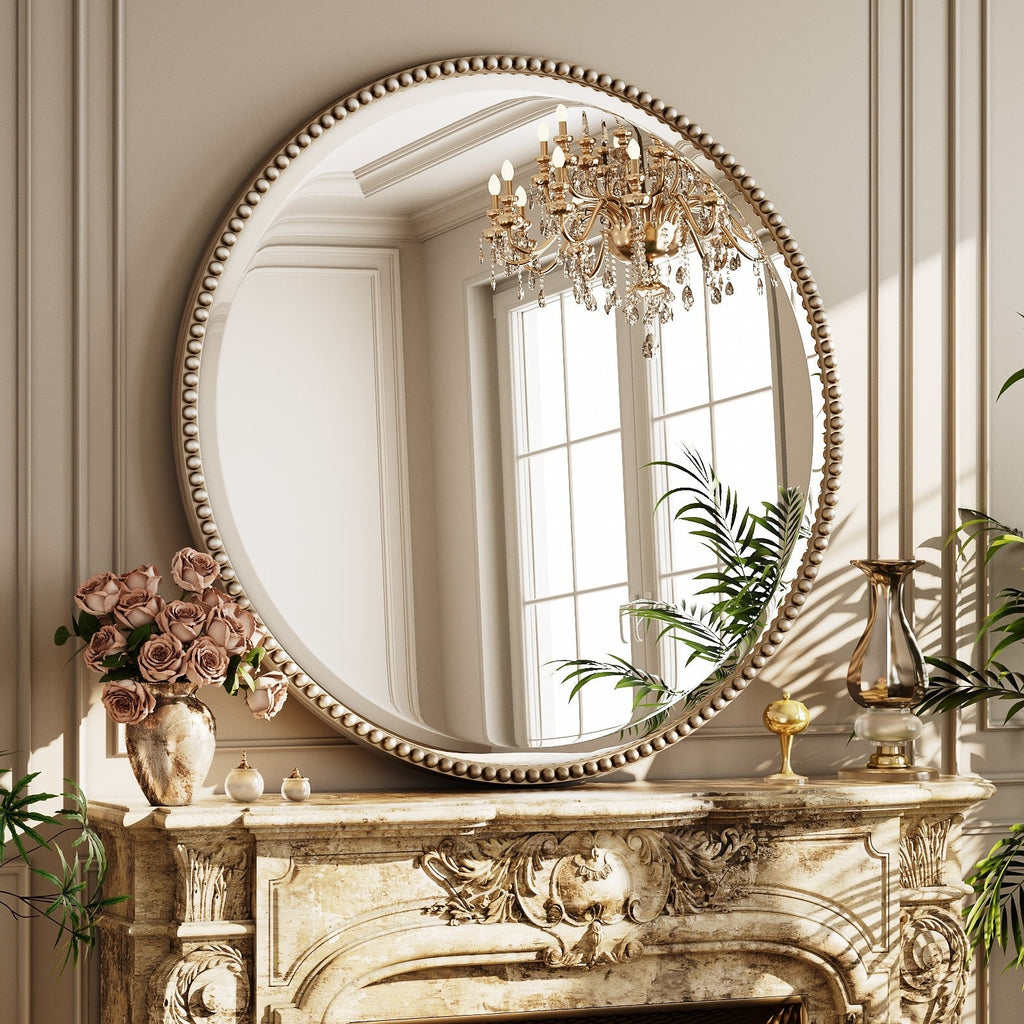 Vintage Round Bathroom Mirror with Beaded Frame