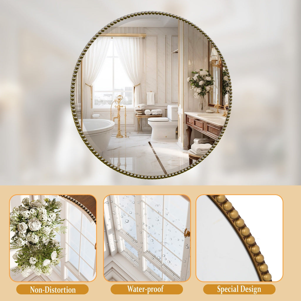 Vintage Round Bathroom Mirror with Beaded Frame