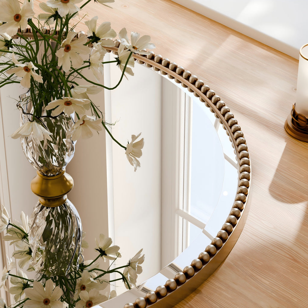 Vintage Round Bathroom Mirror with Beaded Frame