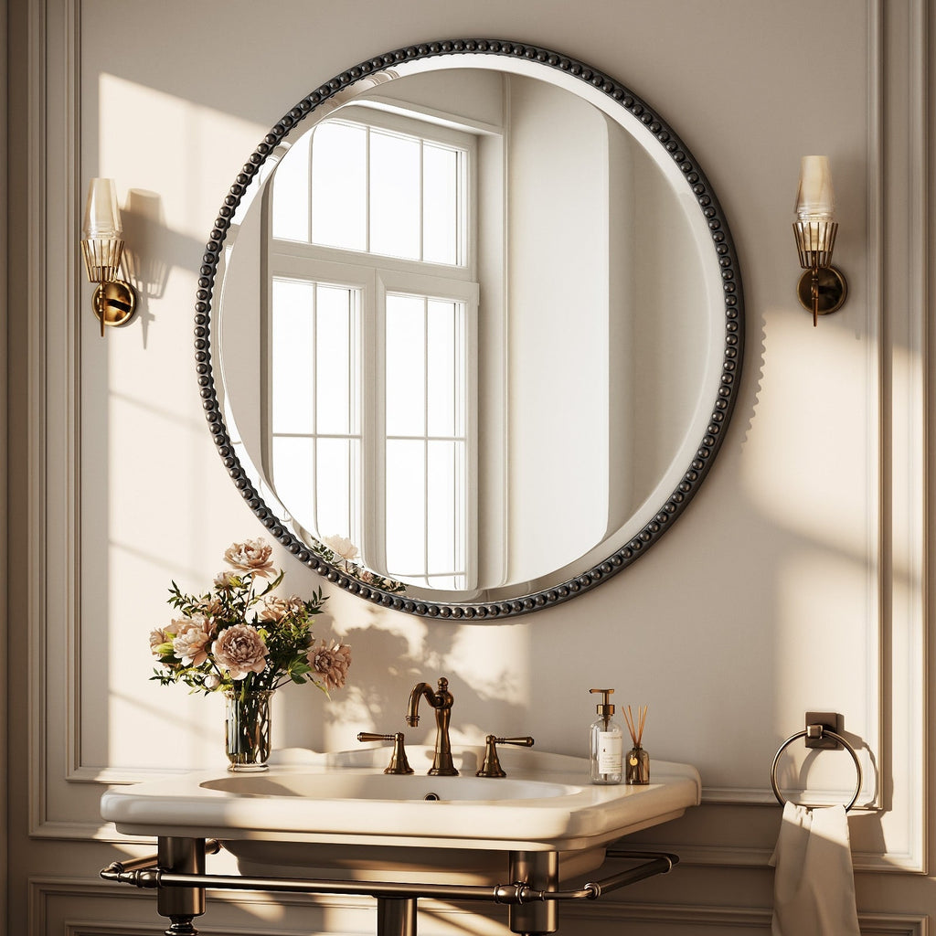 Vintage Round Bathroom Mirror with Beaded Frame