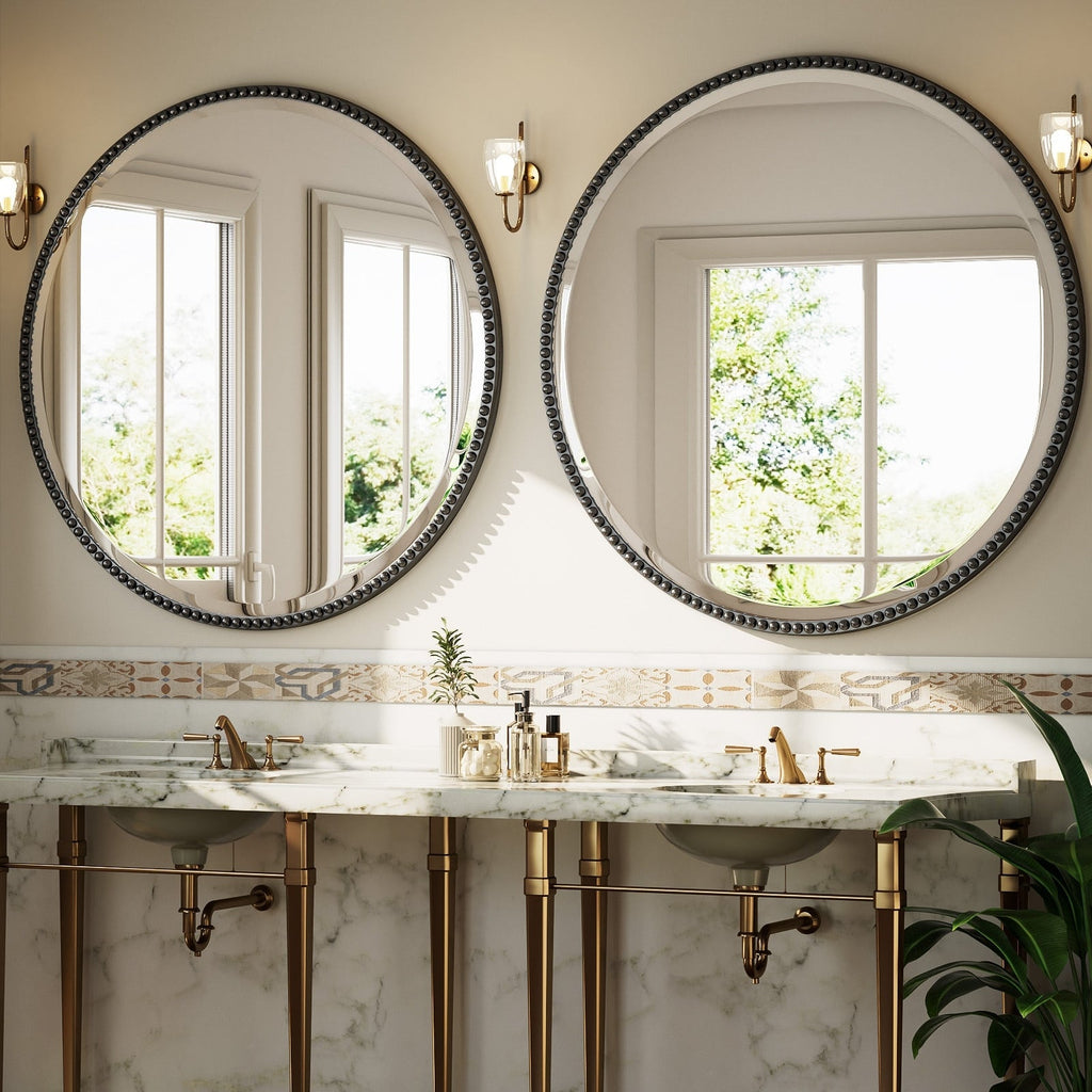 Vintage Round Bathroom Mirror with Beaded Frame