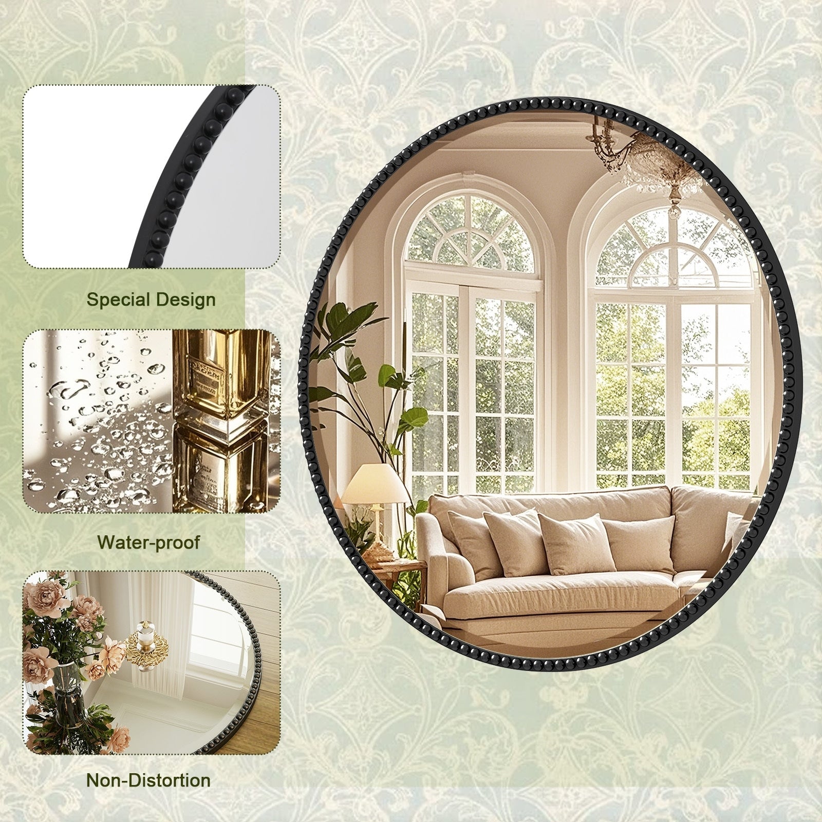 Vintage Round Bathroom Mirror with Beaded Frame