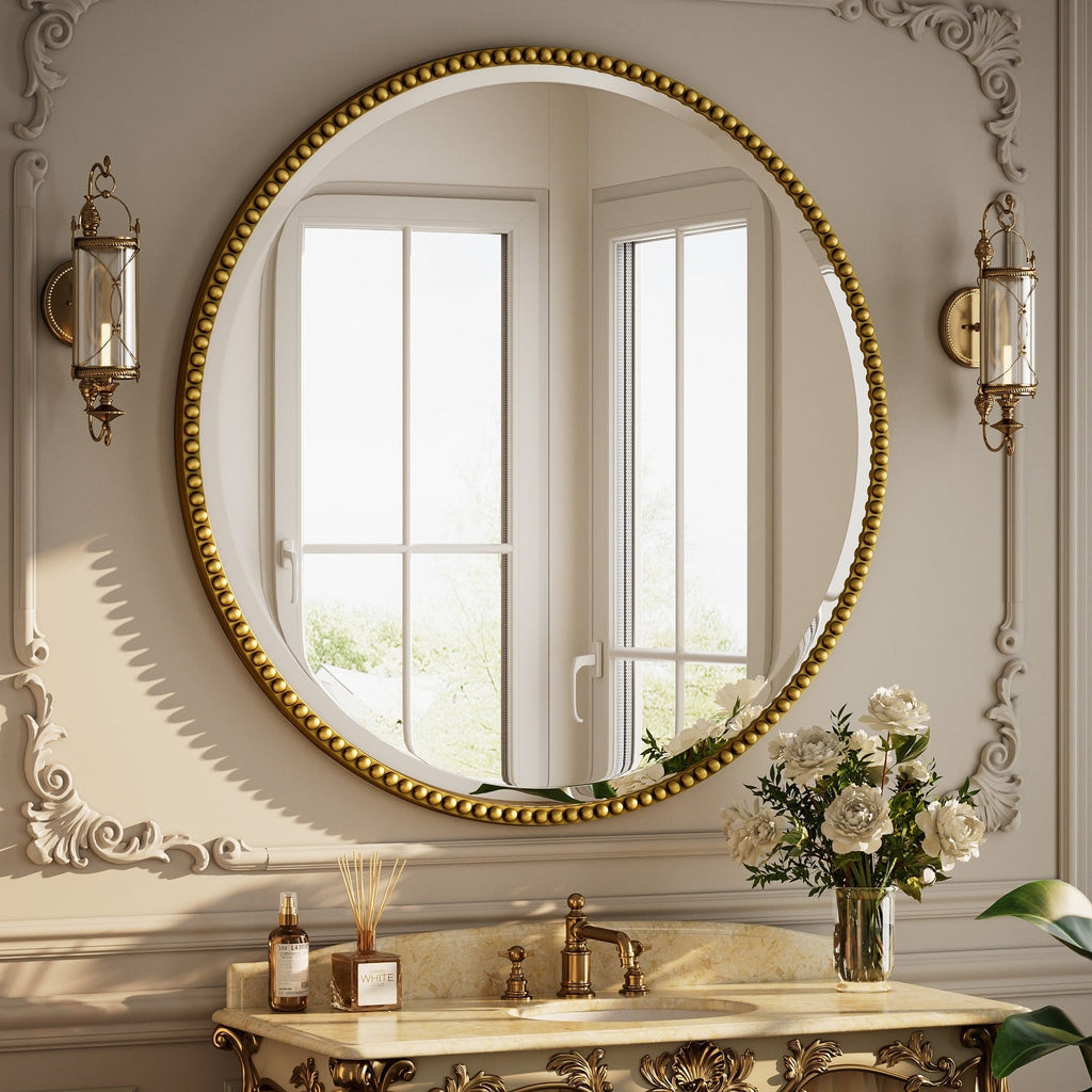 Vintage Round Bathroom Mirror with Beaded Frame