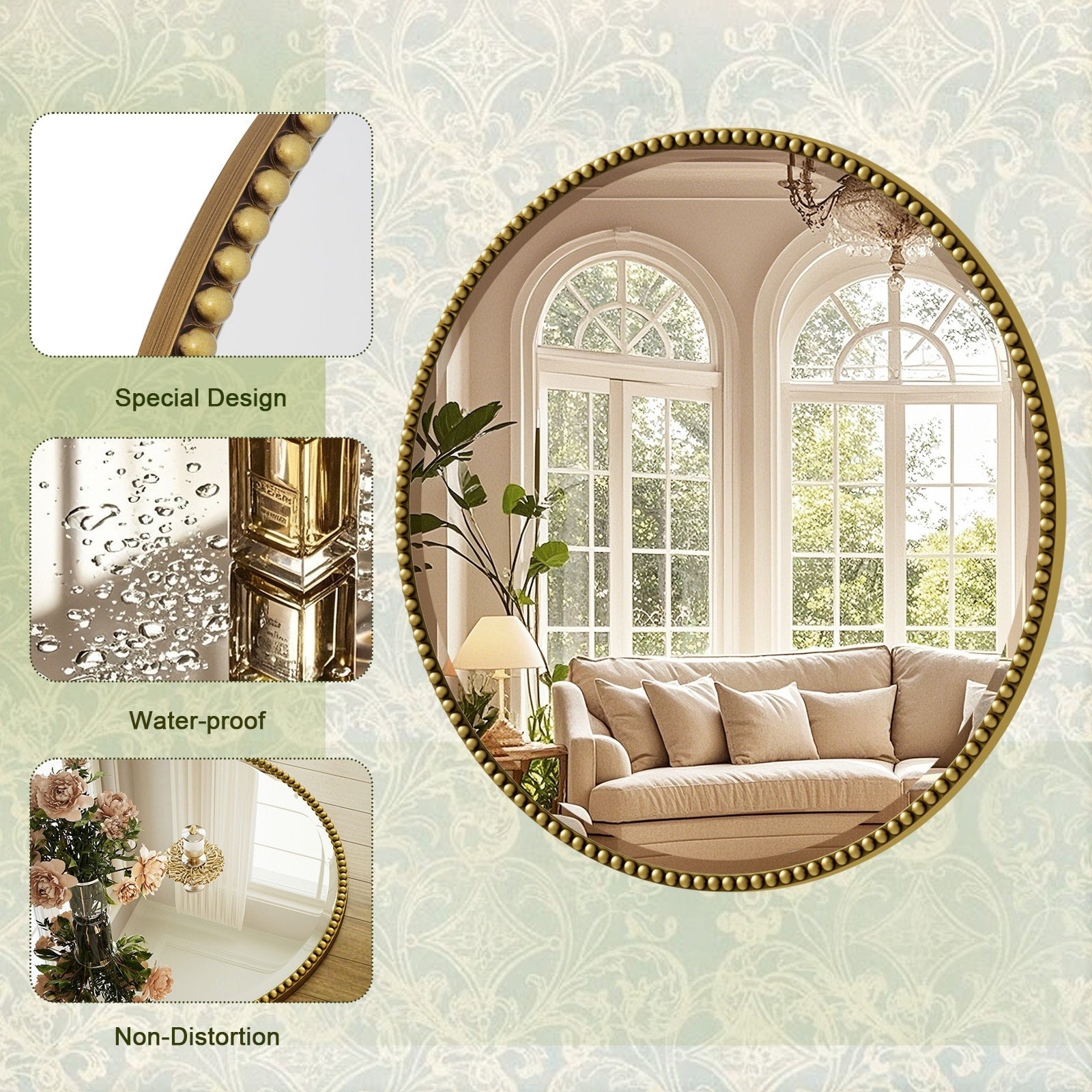 Vintage Round Bathroom Mirror with Beaded Frame