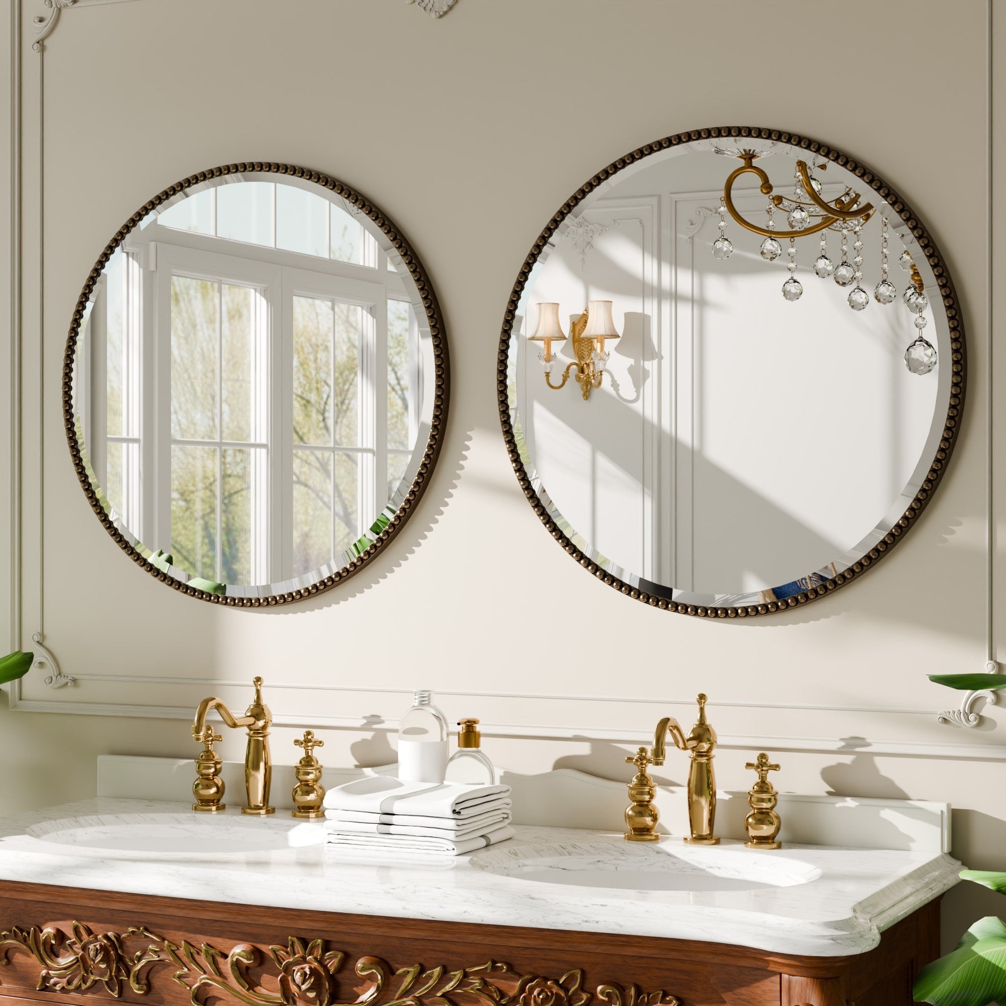Vintage Round Bathroom Mirror with Beaded Frame