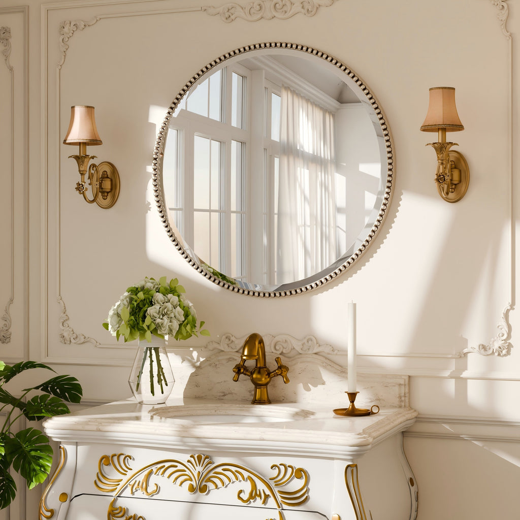 Vintage Round Bathroom Mirror with Beaded Frame