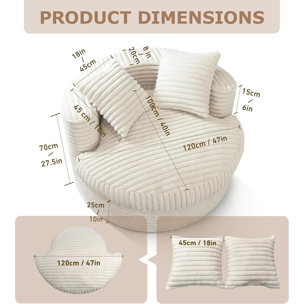 WOWMAX 47 Round Chaise Lounge Chair Indoor, Upholstered Corduroy Floor Sofa Oversized Sleeper Chair with 2 Throw Pillows