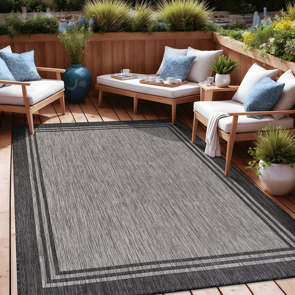 Washable Bordered Indoor Outdoor Rug for Patio, Deck, Porch