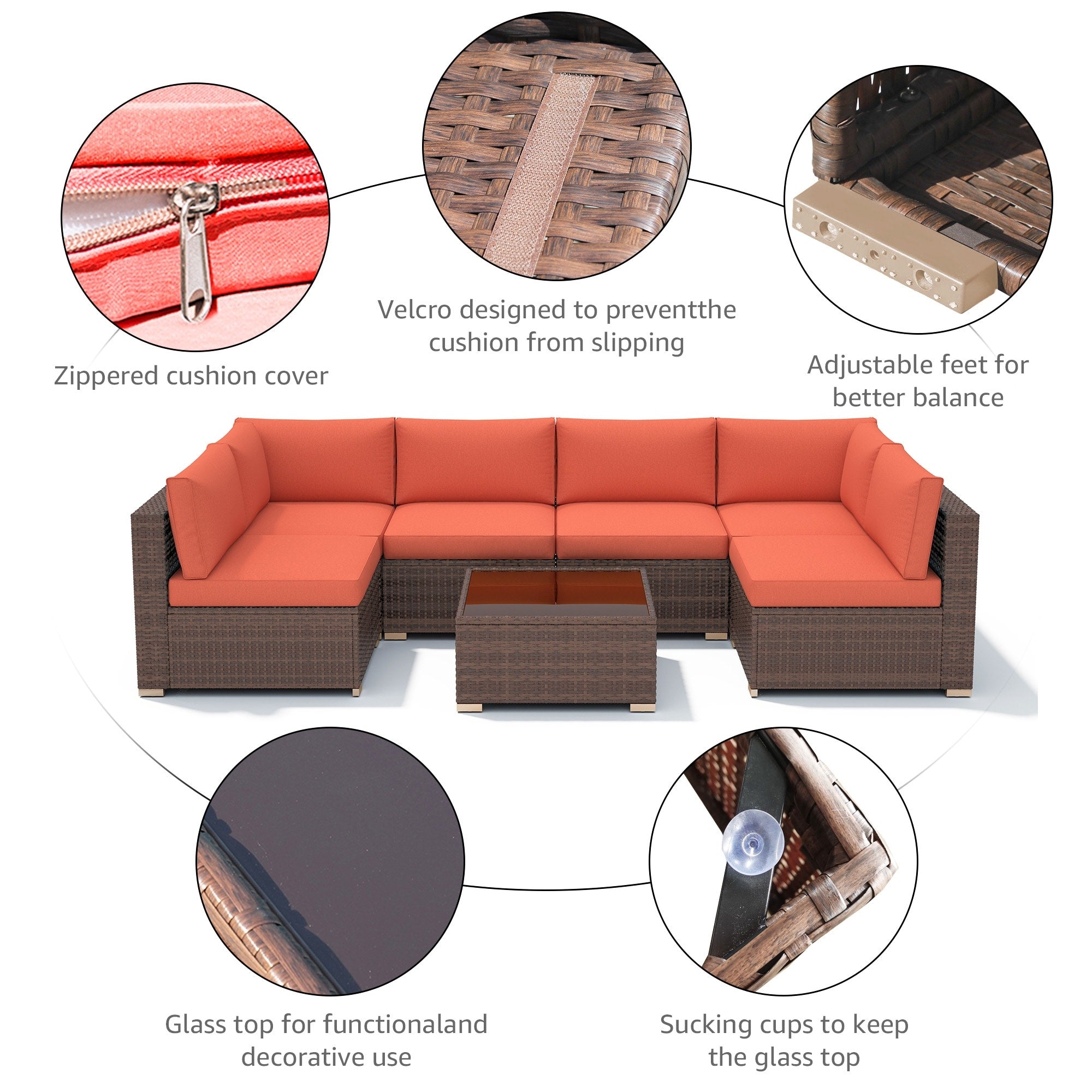 Ensemble de canapés d'extérieur sectionnels rembourrés en osier et acier, 7 pièces