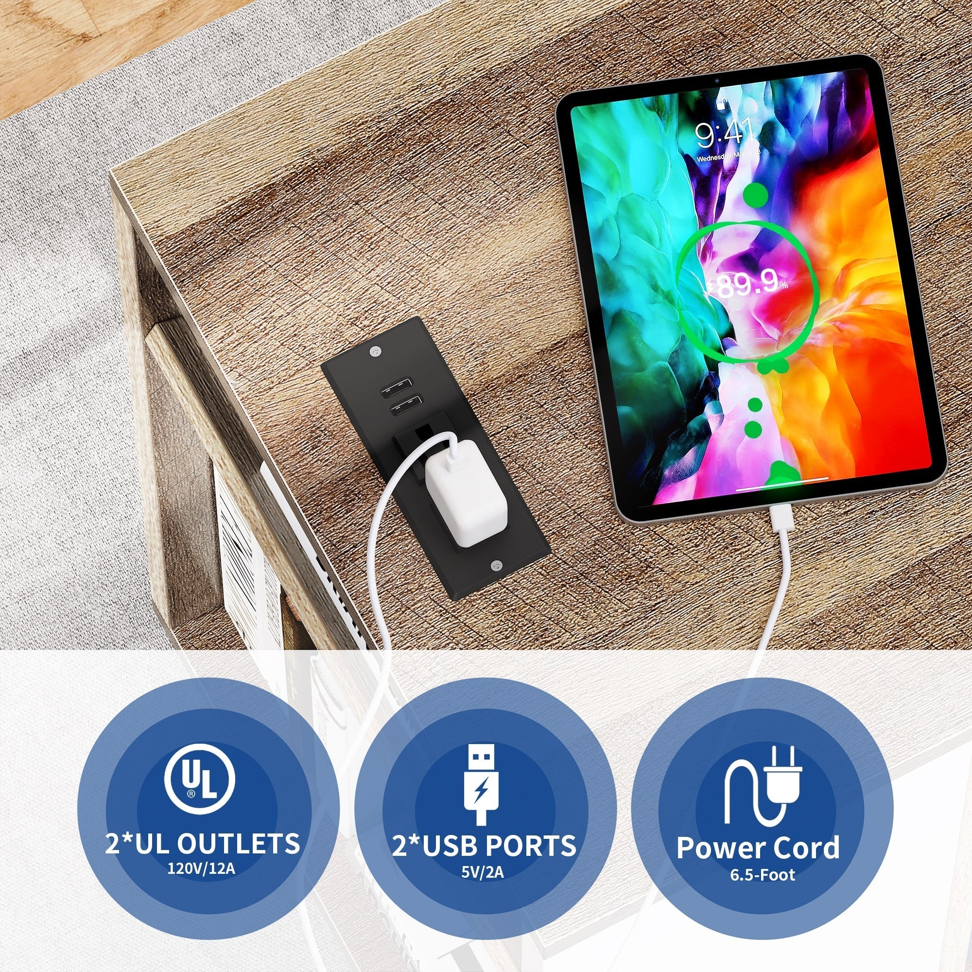 Classeur latéral mobile en bois avec station de charge verrouillable, compatible avec les dossiers de format A4, Lettre et Légal