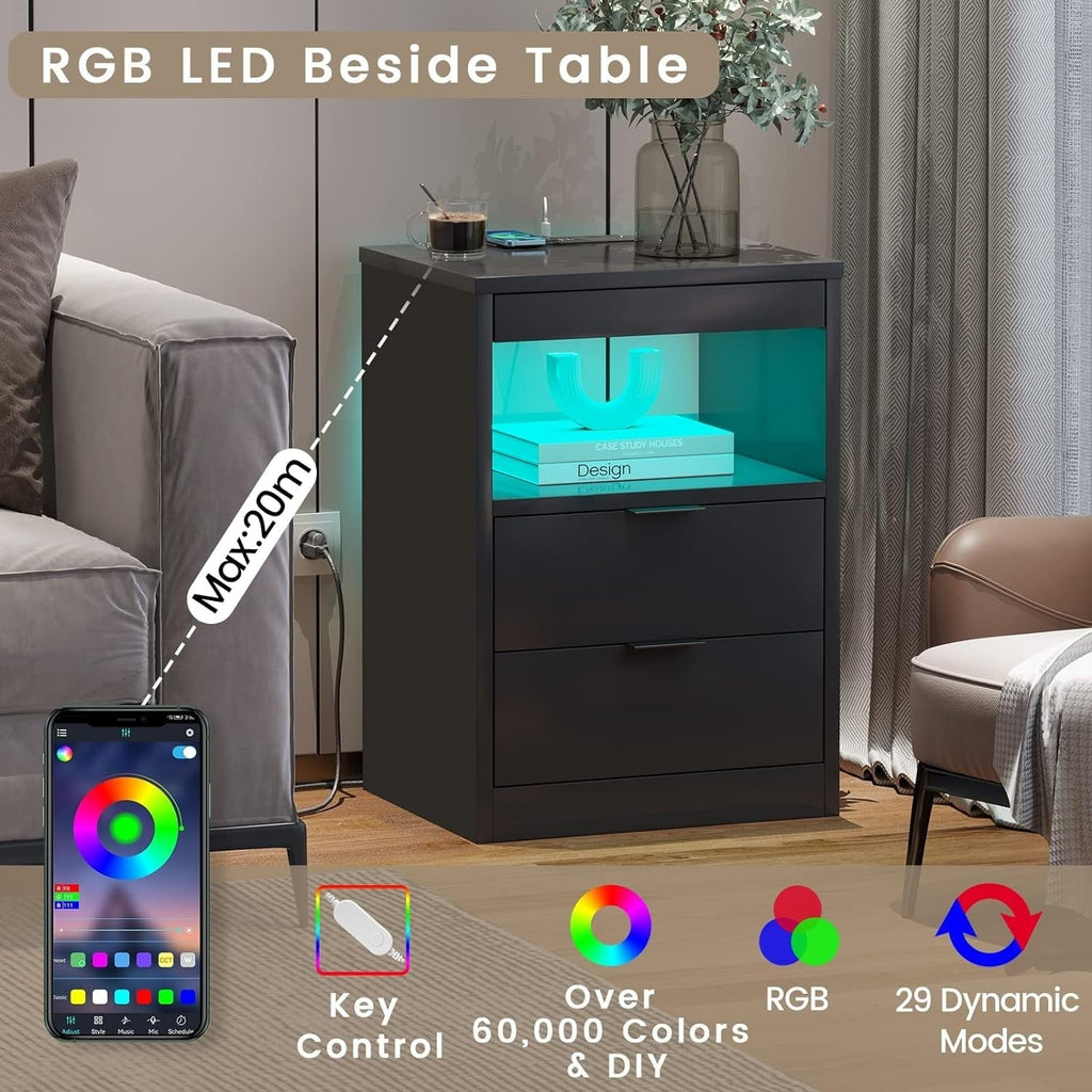 2 Drawers LED Nightstand Wireless Charging Station Pull-Out Shelf