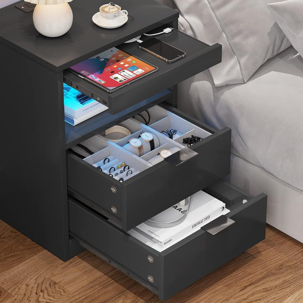 2 Drawers LED Nightstand Wireless Charging Station Pull-Out Shelf