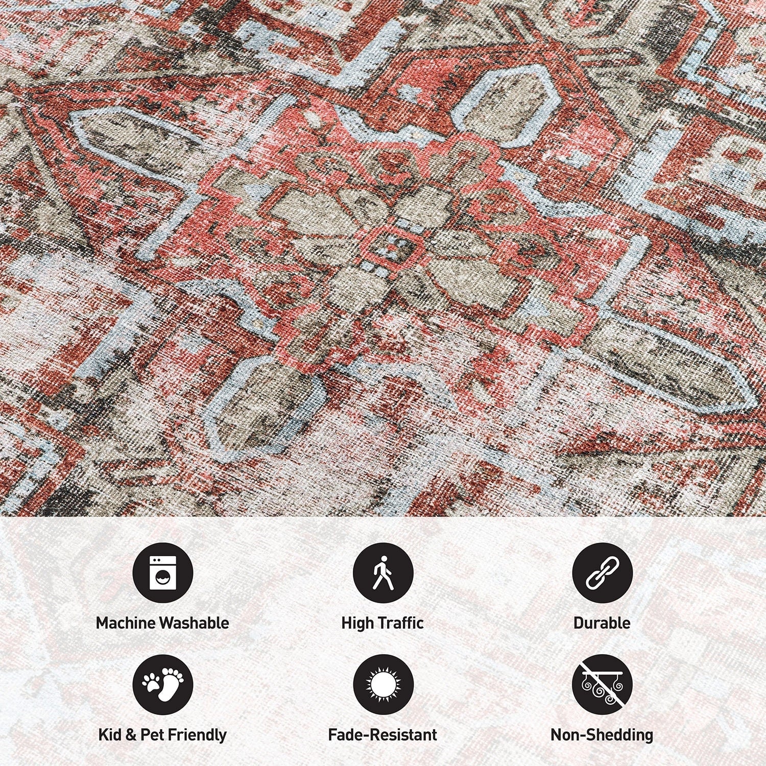 World Rug Gallery Vintage Boho Medallion Machine Washable Non Slip Area Rug