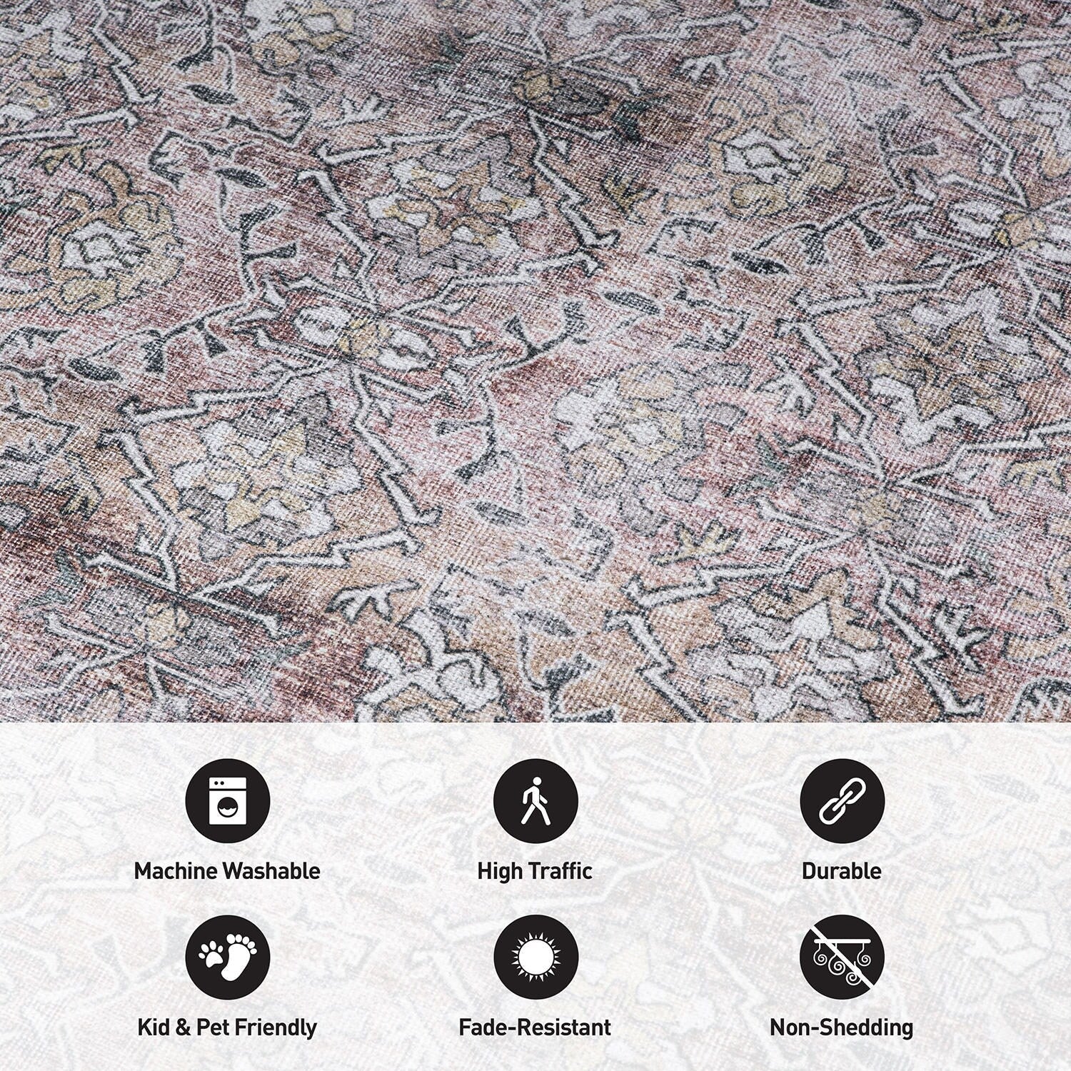 World Rug Gallery Vintage Distressed Machine Washable Non Slip Area Rug