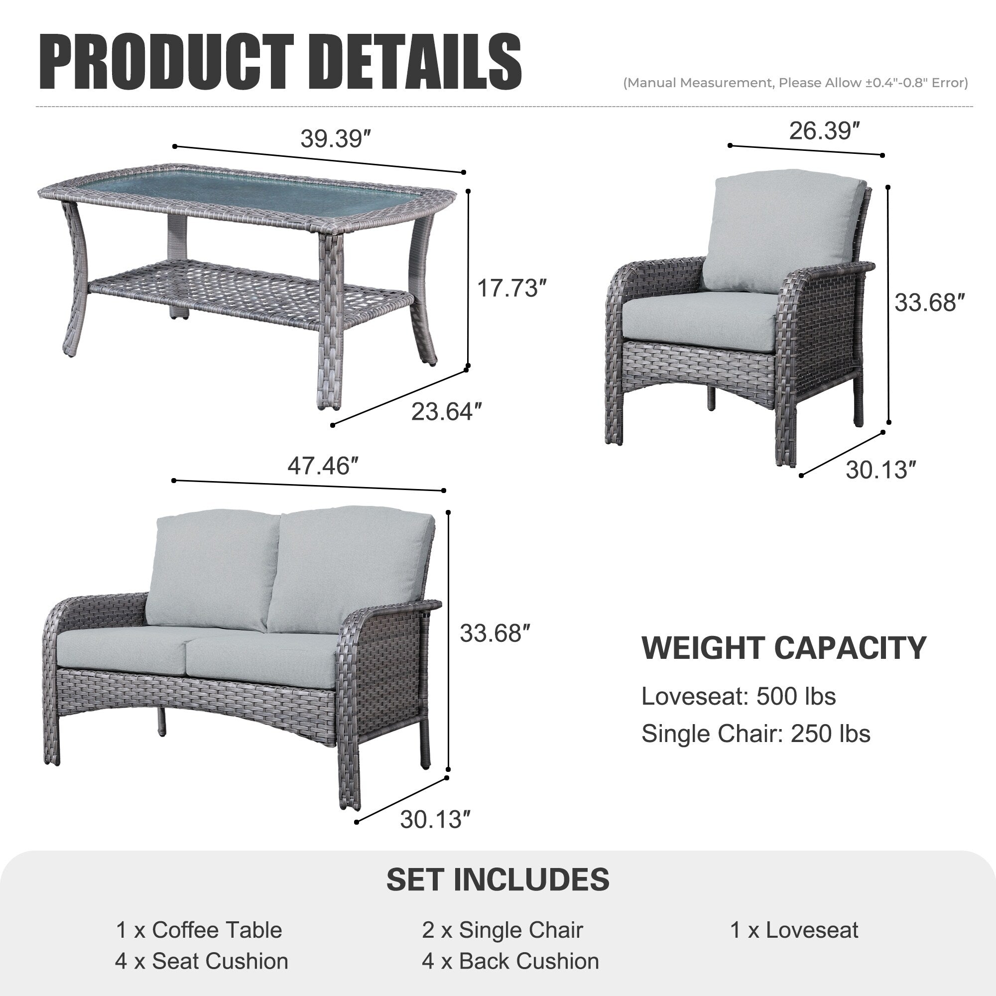 Ensemble de conversation de 4 pièces pour patio extérieur XIZZI avec table