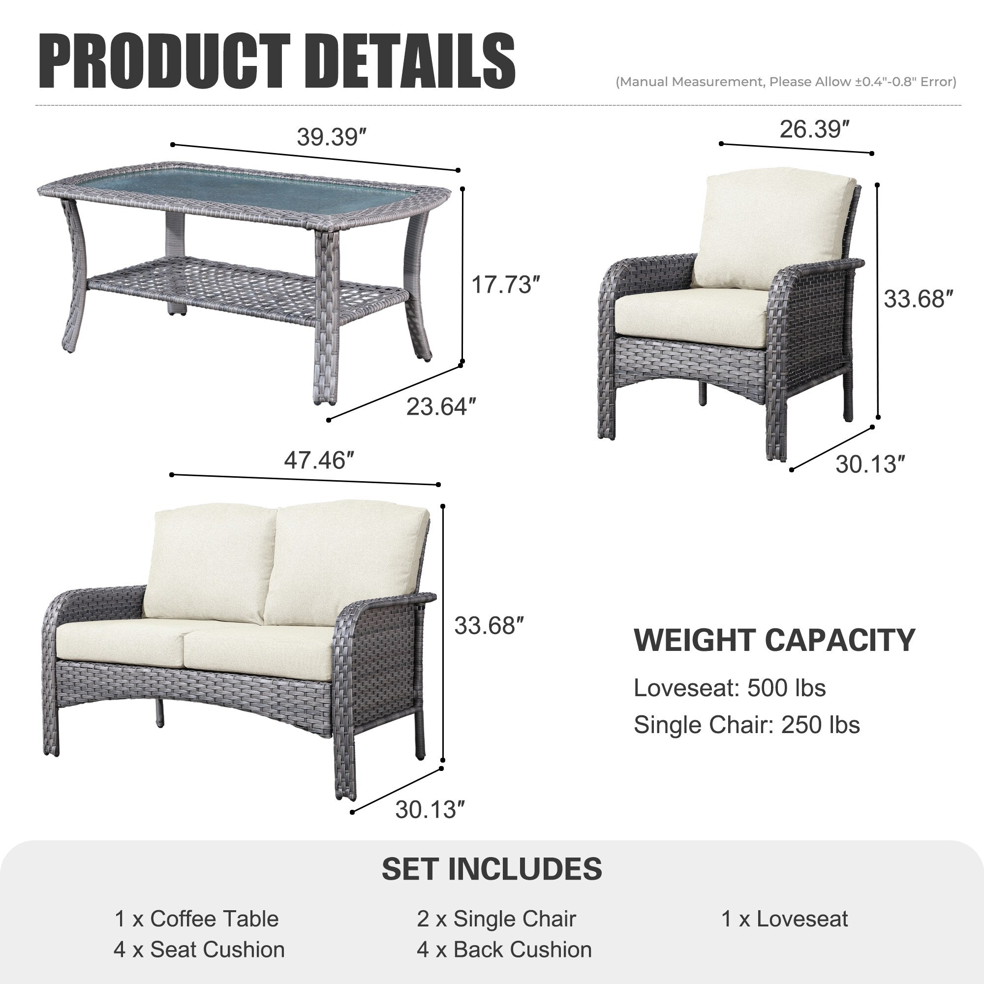 Ensemble de conversation de 4 pièces pour patio extérieur XIZZI avec table