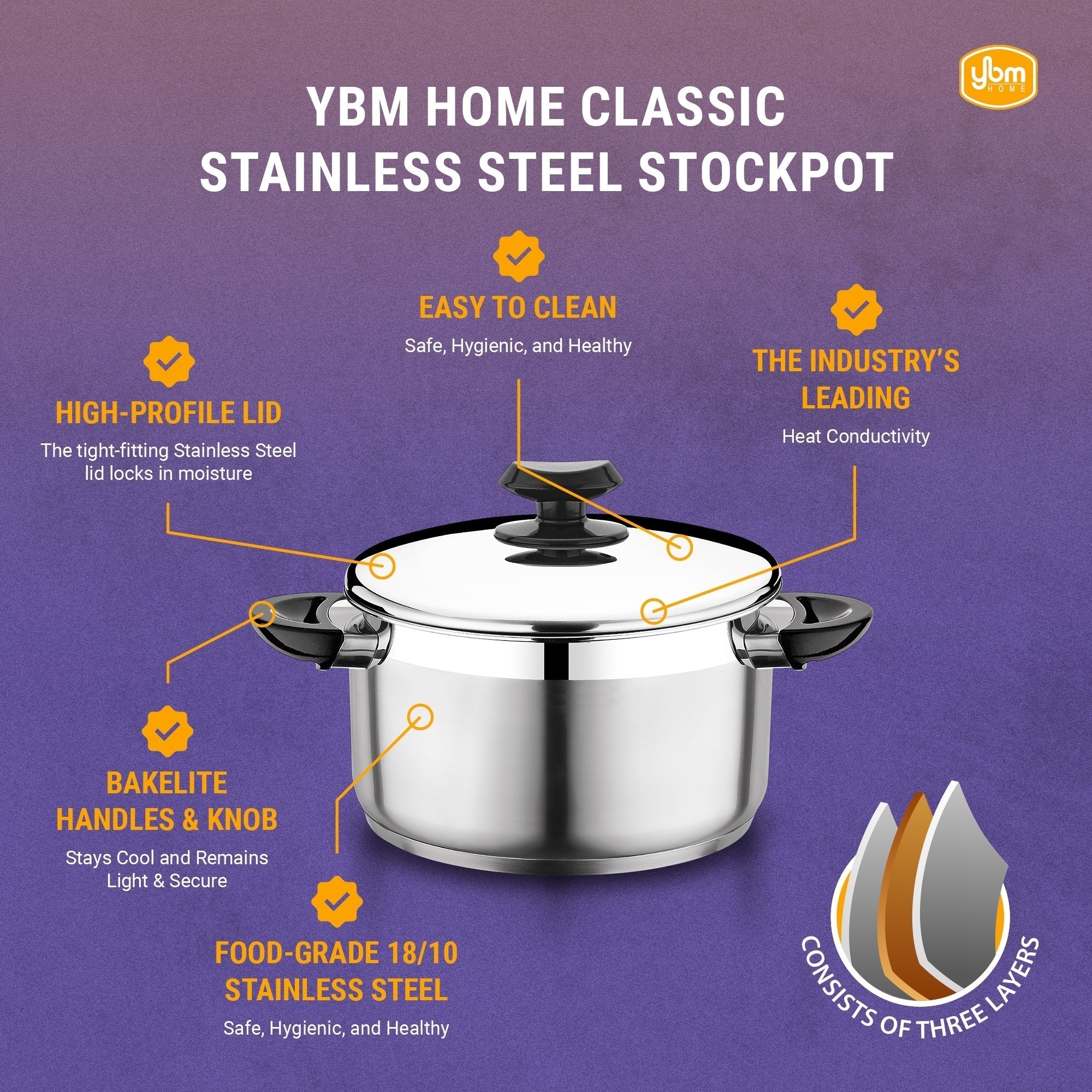 YBM Home Professional Chef's 18/10 Stainless Steel Stock Pot, Induction Compatible